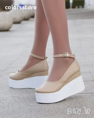 Обувки на платформа - бежова кожа с бяло ходило - 125K, снимка 2 - Дамски ежедневни обувки - 35018406
