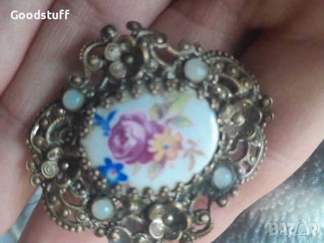 Брошка в стил Арт Деко, порцелан, филигран, гранулация, цветя

, снимка 4 - Антикварни и старинни предмети - 50132612