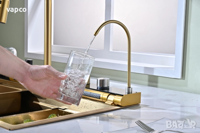 Златна мултифункционална кухненска мивка с регулируем двоен водопад, снимка 10 - Мивки - 51491360