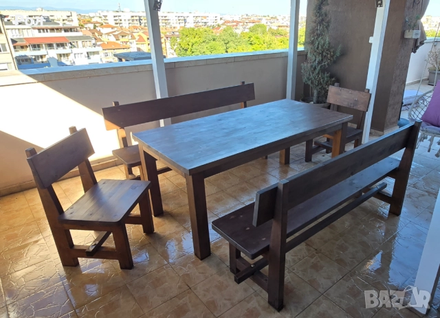 К-т дървена маса две пейки и два стола от БУК, снимка 2 - Градински мебели, декорация  - 51789258