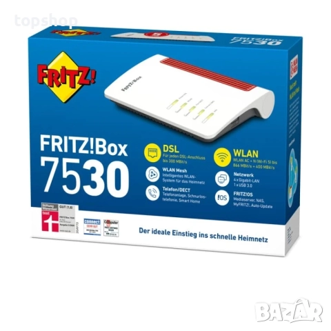 Нов мострен AVM FRITZ!Box 7530 WLAN AC+N рутер (DSL/VDSL 866 MBit/s (5GHz) и 400 Mbps (2.4 GHz)...