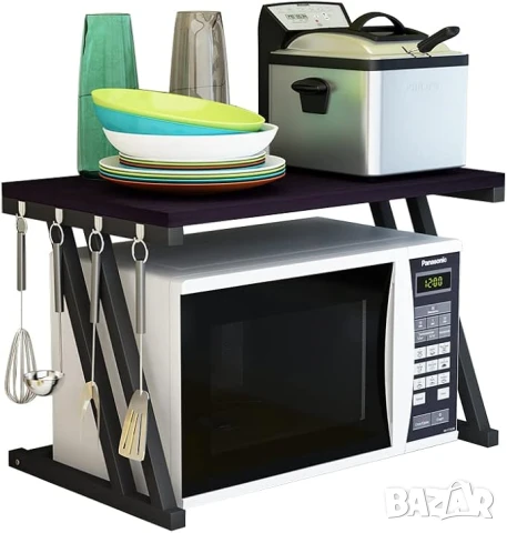 рафт стойка за микровълнова, стоманена рамка, кухненски, черен плот