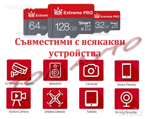 TF Карта Памет Високоскоростна Клас 10 + SD Адаптер 16GB 32GB 64GB 128GB, снимка 2 - Друга електроника - 34869911