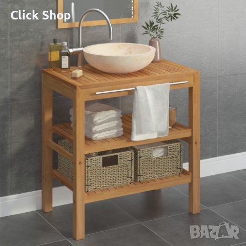 Шкаф за баня от тиково дърво масив с кремава мивка от мрамор, снимка 1