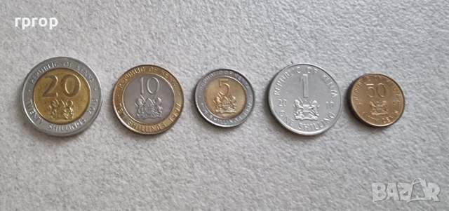 Монети. Африка. Кения. 50 цента, 1, 5, 10 и 20 шилинга. UNC. Чисто нови. 5 бройки.