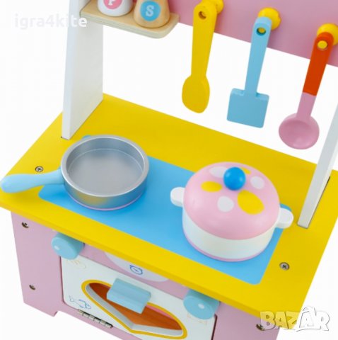 Дървена детска фурна с котлон и посуда за дървена кухня, снимка 3 - Други - 35117959