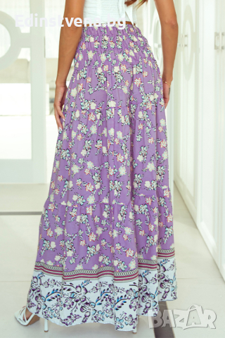 Дамска дълга пола в лилаво с флорален принт, снимка 2 - Поли - 44597808