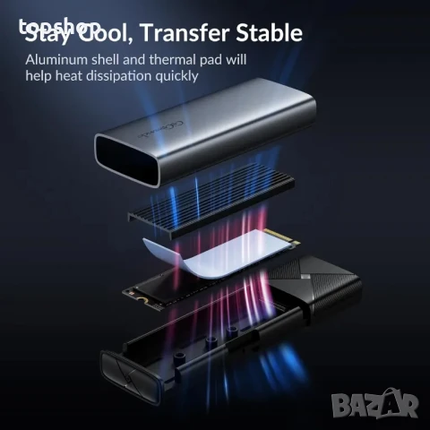 НОВА кутия за M.2 NVMe SSD USB-C 3.2 Gen2 10Gbps, Подържа NVMe M ключ, NVMe 2280/2260/2242/2230, сив, снимка 4 - Кабели и адаптери - 50493195
