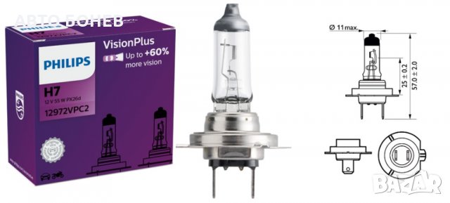 ХАЛОГЕННИ КРУШКИ PHILIPS VISION PLUS 60% H7 к-т/2бр./