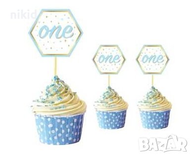ONE 1 година годинка първи рожден ден 10 бр сини топери топер за мъфини кексчета декор украса парти