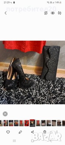 Черни токчета с паети на платформа , снимка 2 - Дамски обувки на ток - 40726814