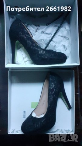 Нови черни обувки на ток с дантела, снимка 1