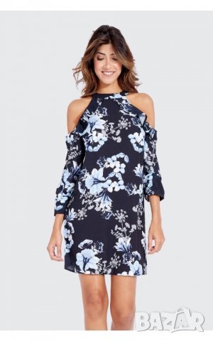 Разпродажба! Нова рокля с флорални мотиви, дълъг ръкав, голи рамене, кройка тип трапец, на цветя, S