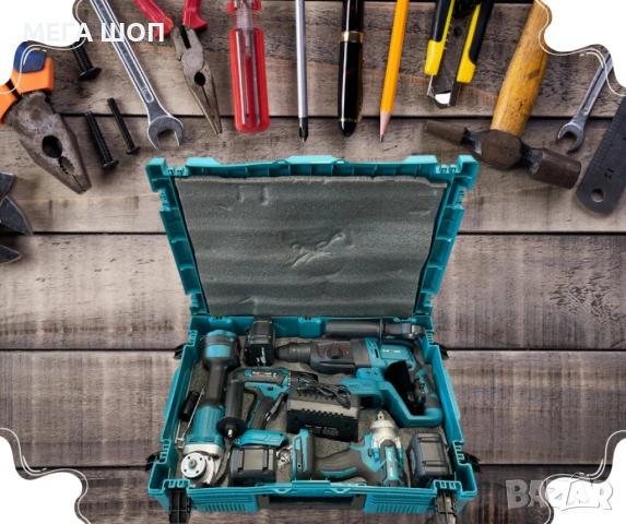 Комплект от акумулаторен перфоратор, ъглошлайф 125 мм, гайковерт и винтоверт 36V с 2 броя батерии 6A, снимка 2 - Куфари с инструменти - 53878985