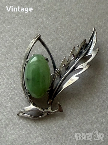 Старинна сребърна брошка с естествен рядък камък Нефрит, снимка 3 - Колиета, медальони, синджири - 54223525