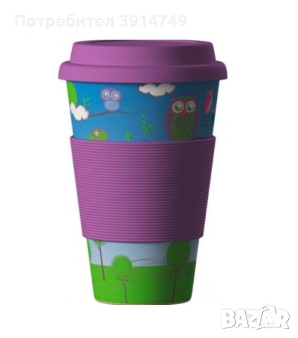 Екологично чиста чаша с капак, за многократна употреба, бамбукова материя, 400 мл, Бухал /Сова, НОВА, снимка 2 - Чаши - 44495968
