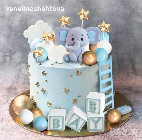 23 броя комплект слон слонче стълбичка топчета син бял златист цвят декорация торта 