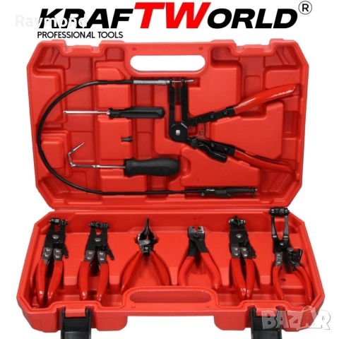 Комплект клещи за скоби на водни съединения 9 части KraftWorld – професионален