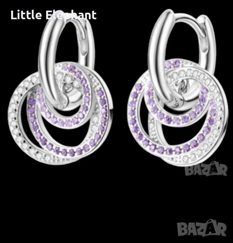 Дизайнерски модел сребърни вис обеци халки с кристали,triple,purpleand white/нови