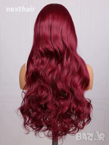 Тъмно червена бордо вълнообразна перука на път с дантела 13*4*1, снимка 3 - Аксесоари за коса - 50046173