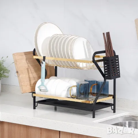 Многофункционален сушилник за съдове от неръждаем стомана. Черно със златисто