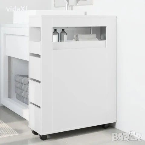 vidaXL Тесен шкаф за баня с колелца, бял, инженерно дърво, снимка 3 - Шкафове - 56148287