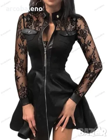 Ликвидация! Дамска рокля с дълъг ръкав и V-образно деколте с цип и джоб - Доставка 24 часа 