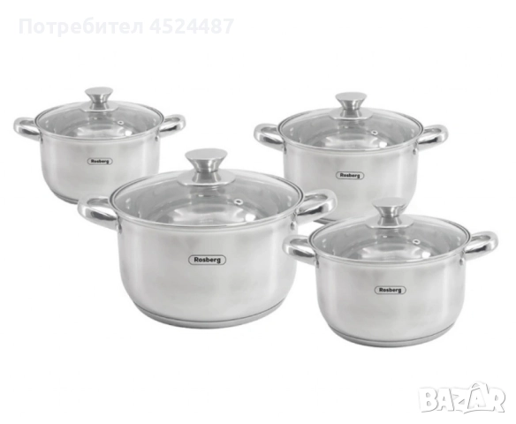 Комплект тенджери Rosberg 16/18/20/24см. - 1.8/2.5/3.4/5.8л., Неръжд. стомана