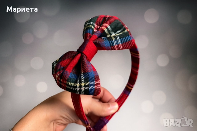 Диадема червено каре с панделка Ръчна Изработка Аксесоари за коса Диадеми Коледна Диадема