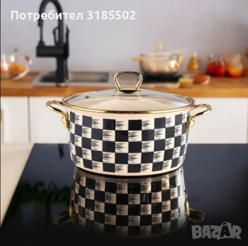 Тенджера Goldmann 24x15см. 6.2л./  26x16см. 8.5л., 4л., 5л., Емайл. Индукция. Бял/Черен каре, снимка 4 - Съдове за готвене - 51513670