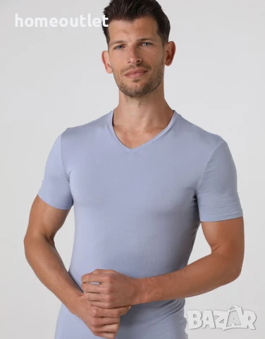 БЕЗПЛАТНА ДОСТАВКА Мъжка тениска с V-образно деколте от фина материя в сиво LOVABLE MAN L070A - S, снимка 2 - Тениски - 50903996