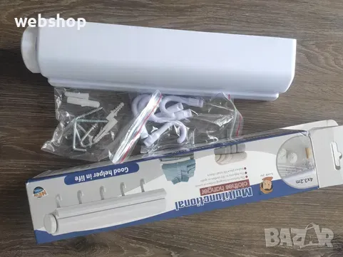 Прибиращ се простор за дрехи с 5 въжета и куки - Максимална дължина 4 метра, бял, снимка 1