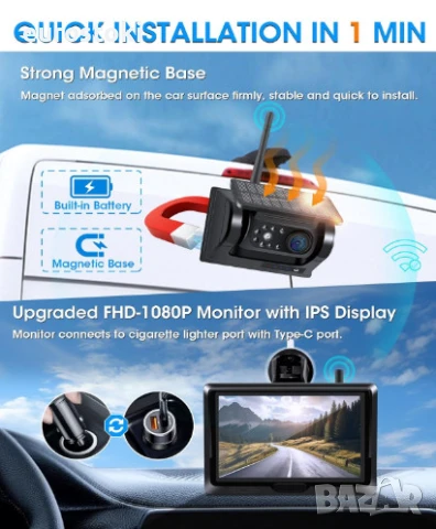 VTOPEK магнитна соларна камера за заден ход с монитор, автомобилна задна камера, снимка 6 - Аксесоари и консумативи - 51345195