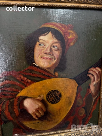 Стара маслена картина - "Шутът с лютня". №7778, снимка 2 - Антикварни и старинни предмети - 52876429