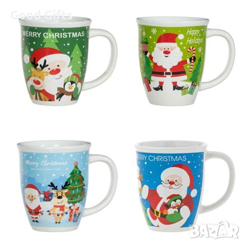 4 броя Комплект коледни керамични чаши, 420 мл, Зелено/Синьо