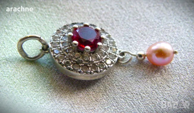 Сребърен медальон с рубин и розова перла, снимка 2 - Колиета, медальони, синджири - 47990264