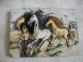 Старинна Ръчна Релефна Керамична Рисунка "Коне" Върху Керамична Плочка - Антикварна, снимка 2