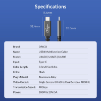 Orico кабел Cable USB4.0 40Gbps M/M 0.5m Black PD100W - U4A05-BK, снимка 18 - Кабели и адаптери - 44783488