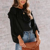 Дамска блуза в черно с дълъг ръкав и къдрички, снимка 7 - Блузи с дълъг ръкав и пуловери - 40698207