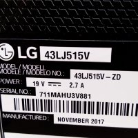 LG 43LJ515V със счупена матрица ,EAX67041505(1.0) ,6870C-0532A ,HC430DUN-SLVX1-A11X ,LCAP40, снимка 4 - Части и Платки - 29293617