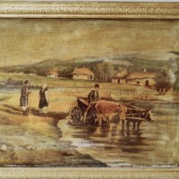Подписана Стара българска картина селски пейзаж 1958 година Стефан Марков Масло платно  , снимка 6 - Антикварни и старинни предмети - 42379744