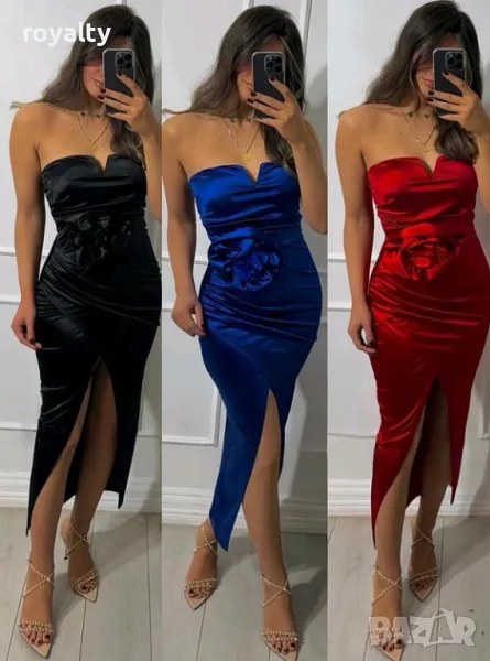 Официална черна сатенена рокля с роза, снимка 1