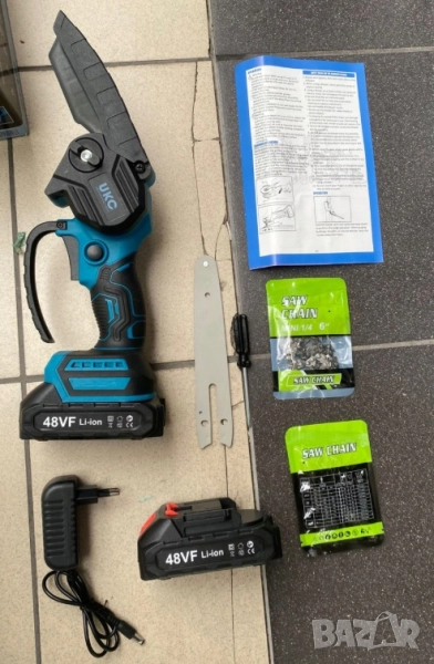 АКУМУЛАТОРЕН ТРИОН ЗА ДЪРВО И КЛОНИ UKC 48V КОМПЛЕКТ + 2 вериги, снимка 1