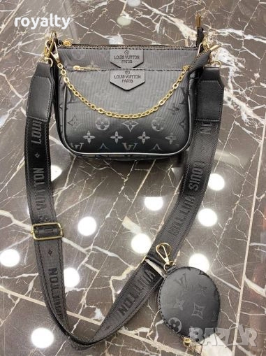 Louis Vuitton Черна Кожена Дамска Чанта + Портмоне , снимка 1