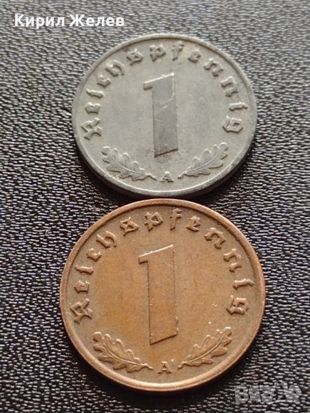 Две монети 1 райхспфенинг 1939г. / 1 райхспфенинг 1942г. Трети райх с СХВАСТИКА редки 37769, снимка 1