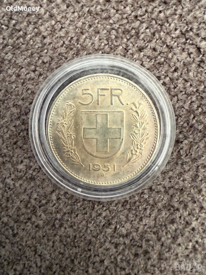 5 швейцарски франка 1951 г. , 15 гр. Сребро ., снимка 1
