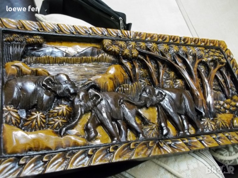 Ръчна Дърворезба Абаносово Дърво Слонове Слон - 61 см на 29,5 см ! Пано Картина !, снимка 1