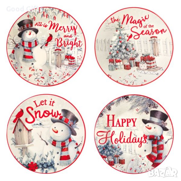 4 броя Комплект коледни чинии, Порцеланови, Снежен човек, 19см, снимка 1