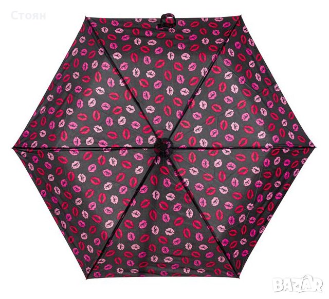 Сгъваем чадър за дъжд Ръчен Черен Червен Розов Целувки 23,5 см, снимка 1