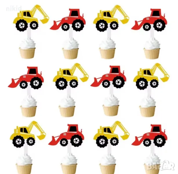 12 бр Багер Багери жълт червен къси остри картонени топери топер торта мъфини кексчета, снимка 1